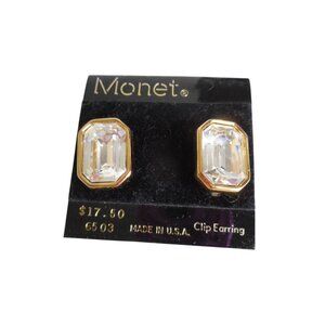 Vtg NEW Monet clip on earrings faceted Emerald cut gold setting costume Estate
